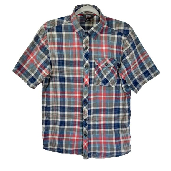 Outdoor Research Jinx Button Shirt Men’s Medium Gray Red Blue Plaid Short Sleeve - Picture 1 of 9